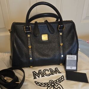 MCM Black Pebbled Leather Satchel with Gold Details